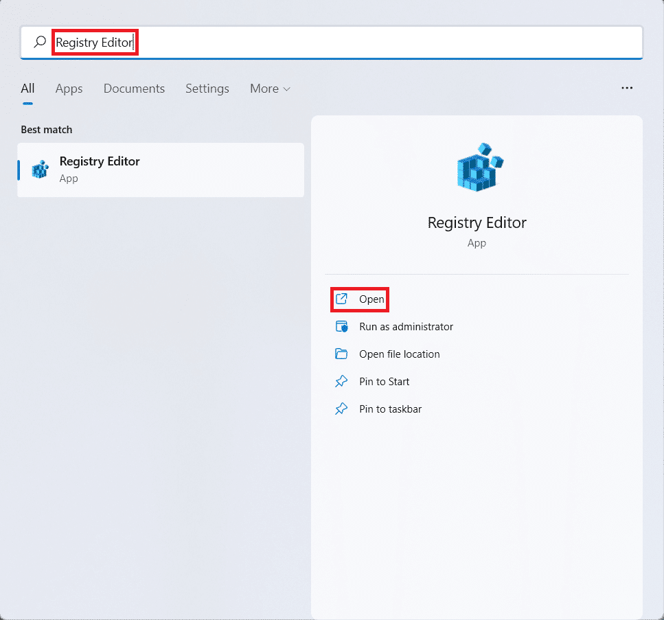 Resultados de la búsqueda en el menú Inicio para el Editor del Registro