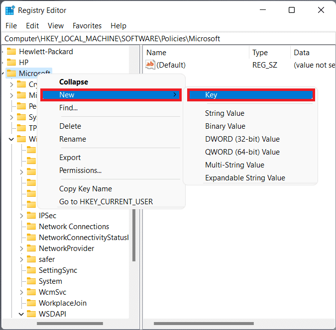 Haga clic derecho en la carpeta de Microsoft y seleccione Nuevo, luego Clave
