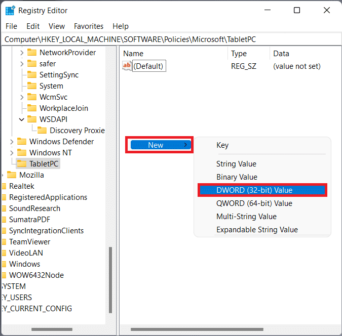 haga clic con el botón derecho en la TabletPC y seleccione Nuevo, luego Clave