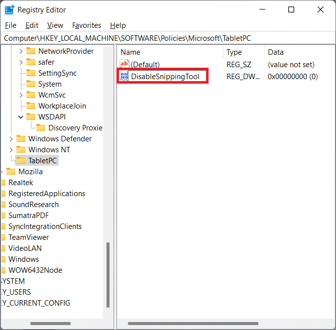 cambie el nombre del nuevo valor a DisableSnippingTool.  ¿Cómo deshabilitar la herramienta de recorte en Windows 11?