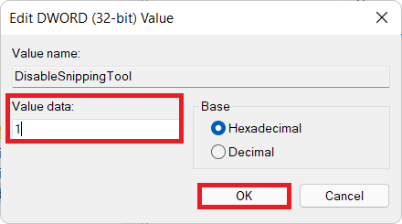 ingrese 1 en los datos de valor en el Editor del Registro de Windows 11