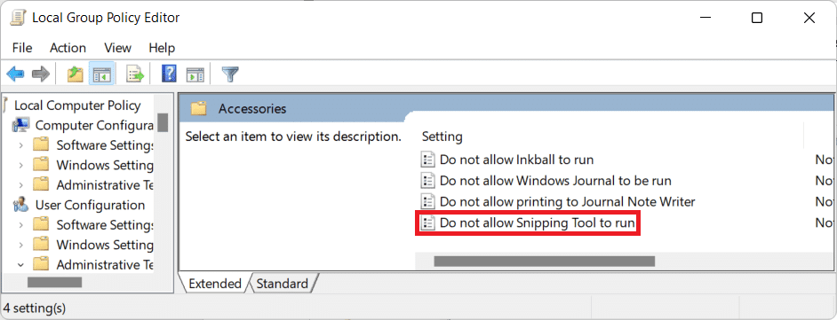 Reglas para la herramienta Recortes en el Editor de grupos locales.  ¿Cómo deshabilitar la herramienta de recorte en Windows 11?
