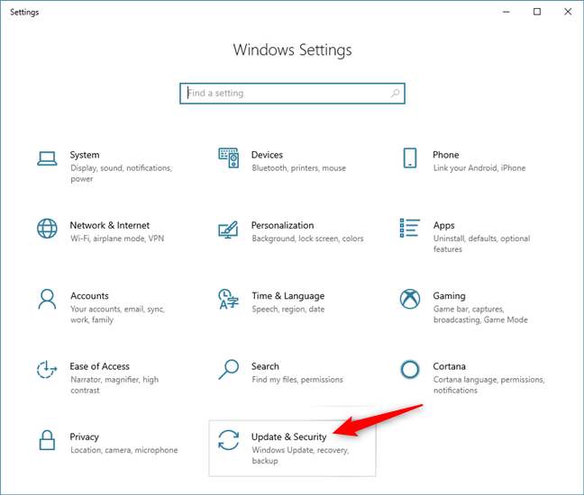 La actualización y amperio; Sección de seguridad de la aplicación Configuración de Windows 10