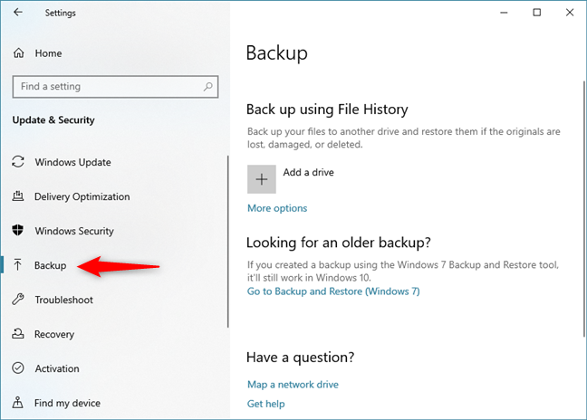 La configuración del Historial de archivos se encuentra en la sección Copia de seguridad de la aplicación Configuración