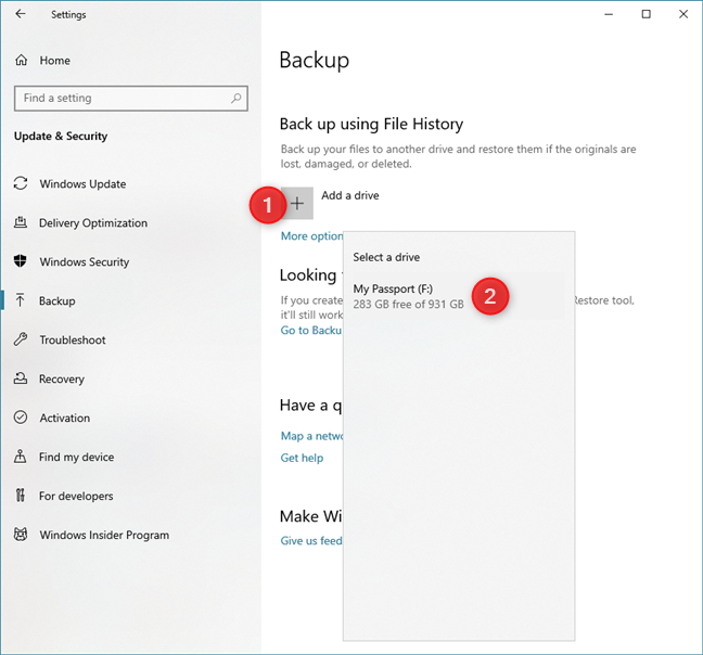 Agregar una unidad al Historial de archivos en Windows 10