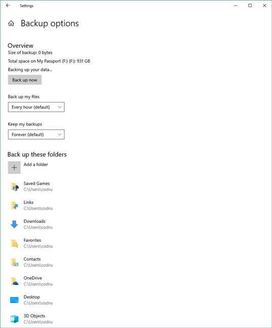 Las opciones de copia de seguridad disponibles en el historial de archivos