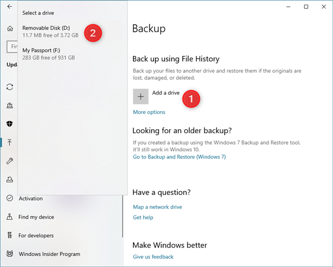 Elegir usar una unidad diferente para almacenar los datos respaldados por Historial de archivos