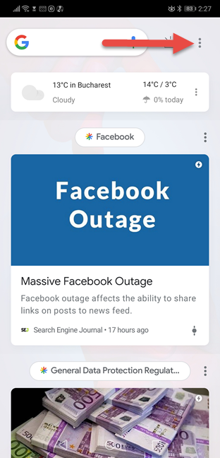 El botón Menú para Google Discover