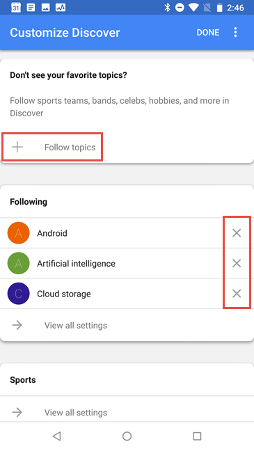 Eliminar o agregar temas a Google Discover