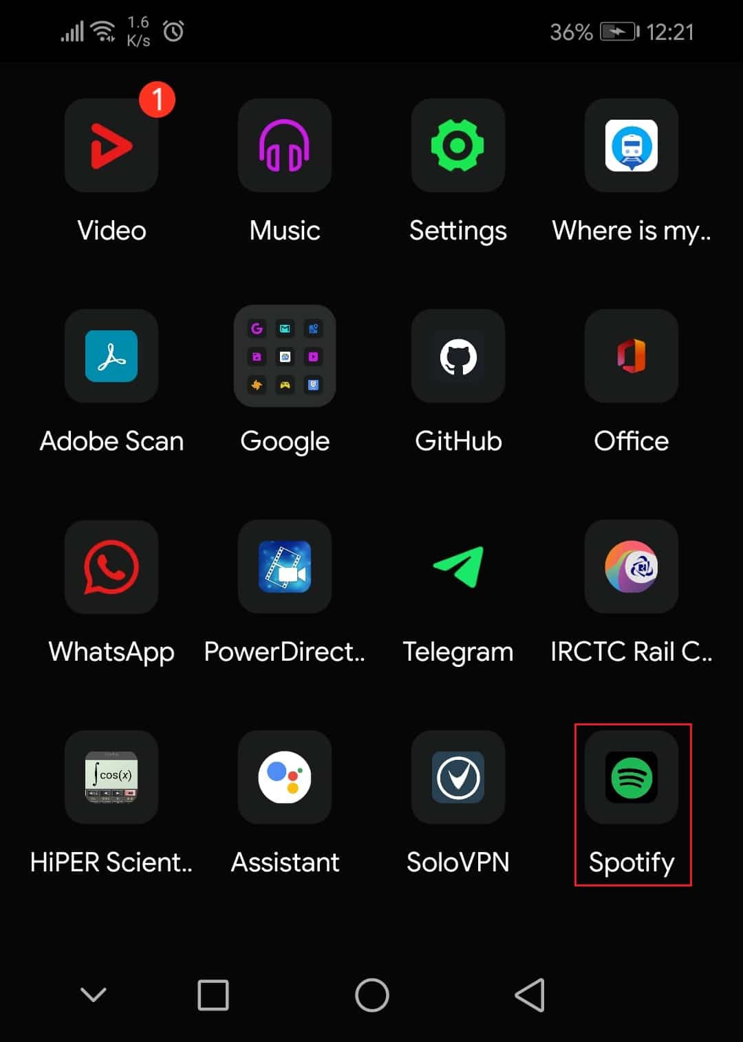 toque el ícono de Spotify en el cajón de la aplicación Honor Play en el teléfono Android