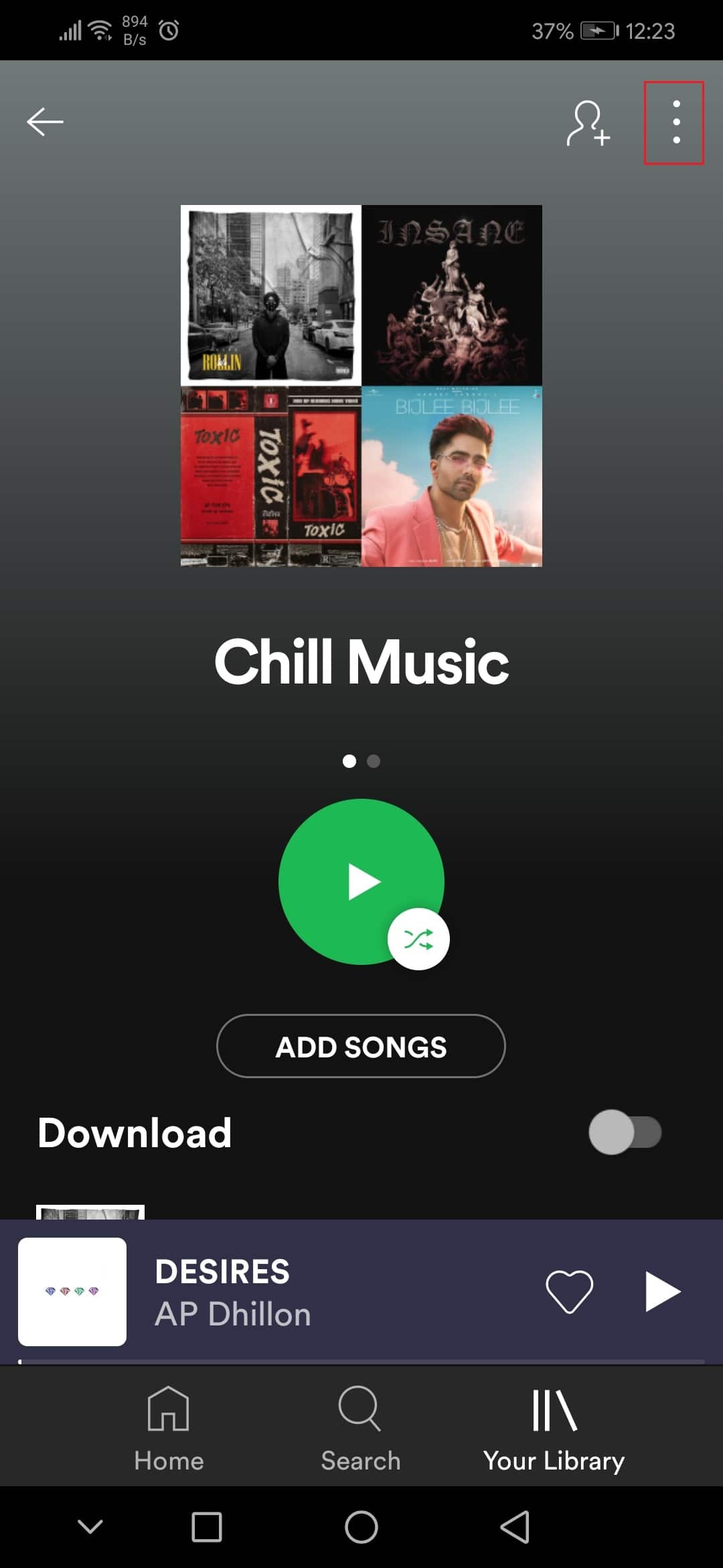 toque el icono de tres puntos en la lista de reproducción de la aplicación de Android Spotify Honor play