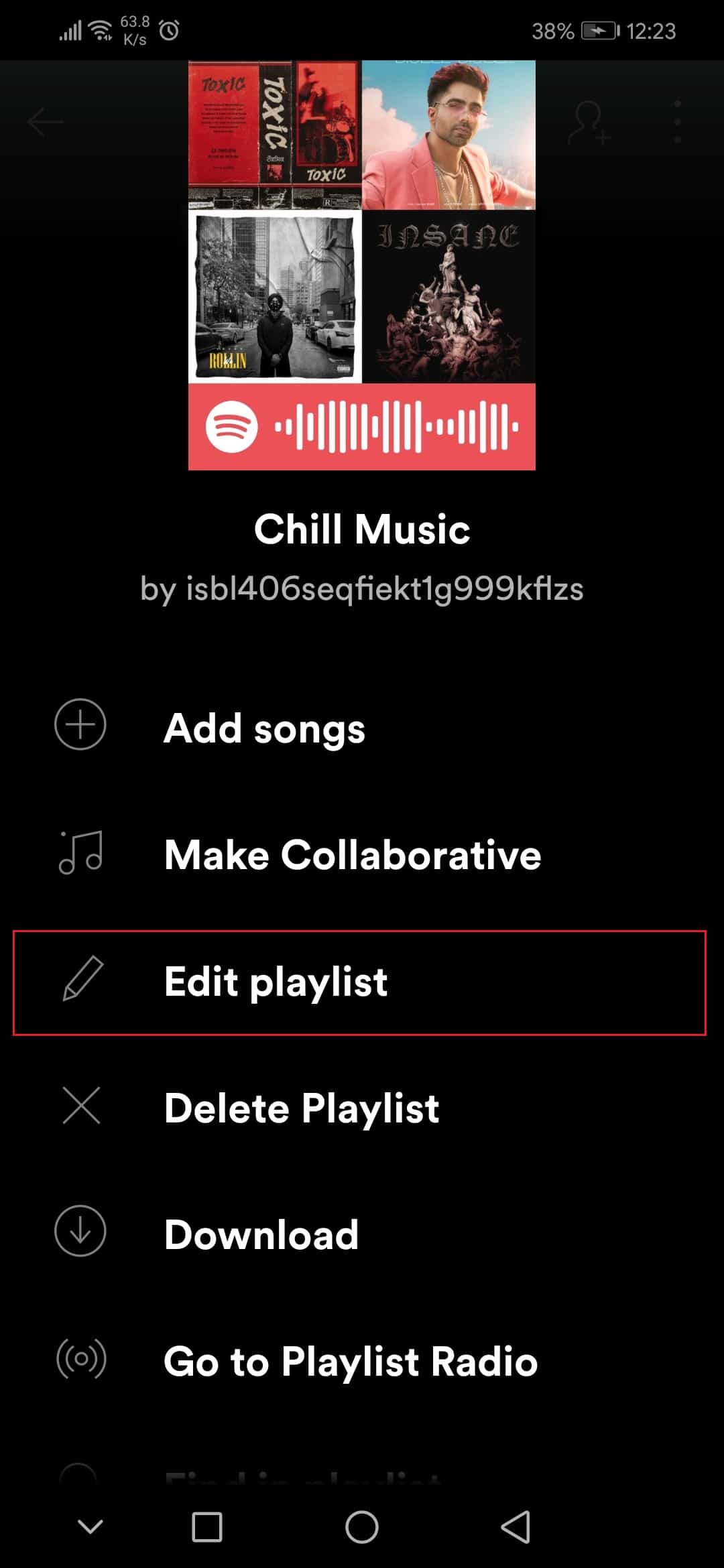 toque Editar lista de reproducción en la aplicación de Android Spotify Honor Play