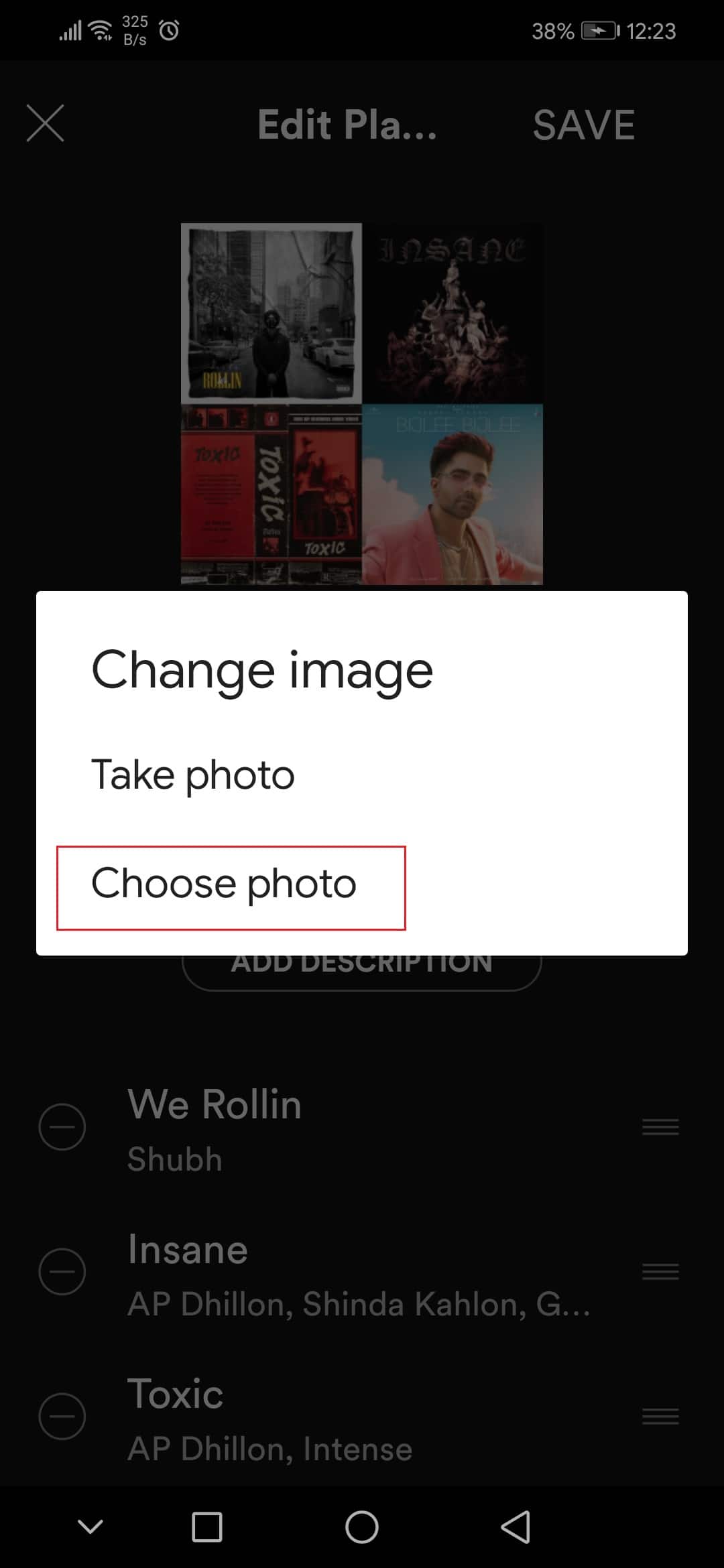 toque seleccionar foto para cambiar la imagen de la lista de reproducción de Spotify Honor Play Android