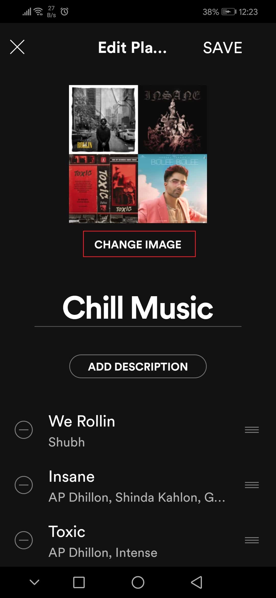 toque Cambiar imagen en Editar lista de reproducción Aplicación de Android Spotify Honor Play