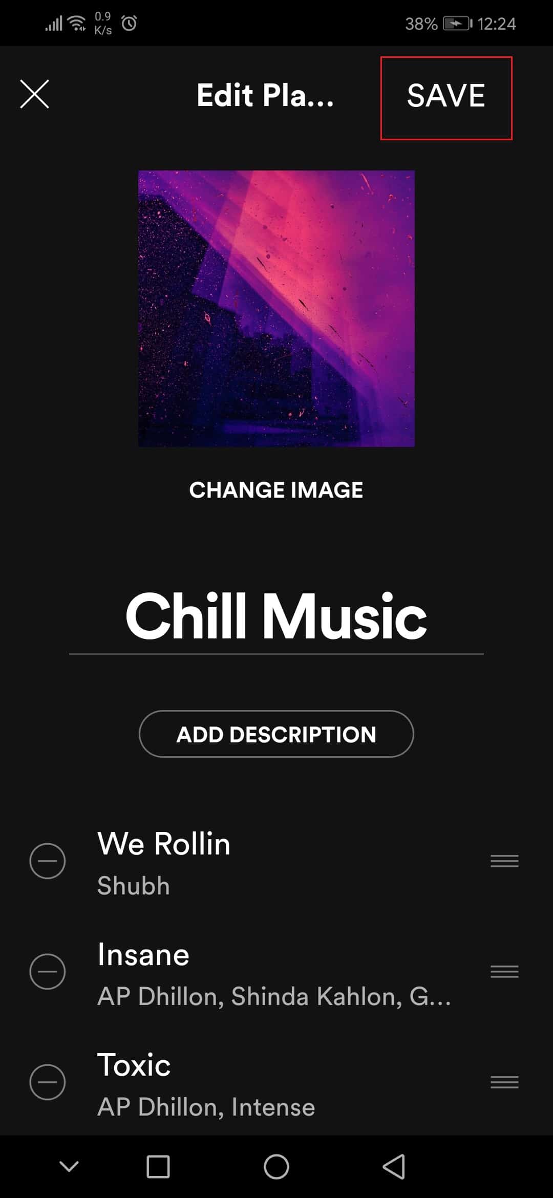 toque GUARDAR para cambiar la imagen de la lista de reproducción para Spotify Honor Play Android