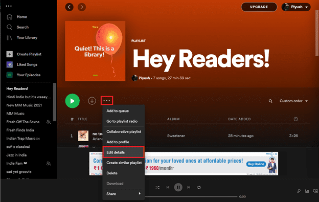 Opciones en la ventana de la lista de reproducción seleccionada.  ¿Cómo cambiar la imagen de la lista de reproducción de Spotify?
