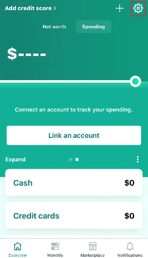 Toque el icono de engranaje de Configuración en la esquina superior derecha | Cómo eliminar una cuenta de Mint