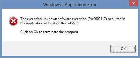 Solucione la excepción de software desconocido en la aplicación (0xc0000417)