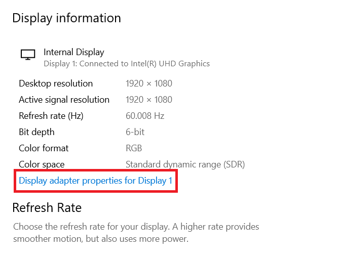 Haga clic en Propiedades del adaptador de pantalla para Pantalla 1.