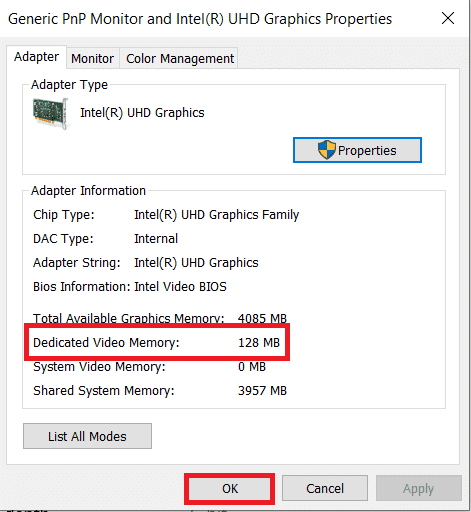 Puede ver los detalles de VRAM.  Haga clic en Aceptar para cerrar |  ¿Cuánta VRAM tengo en Windows 10?
