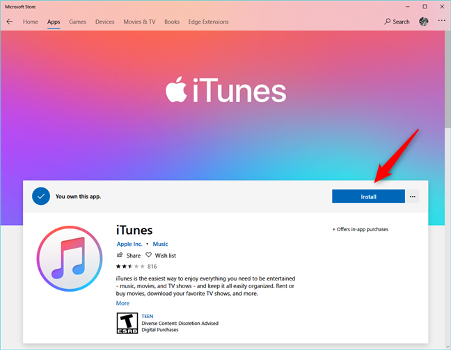 Página de iTunes en Microsoft Store