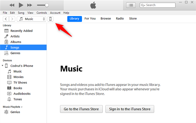 El botón del dispositivo iPhone en el área superior izquierda de iTunes