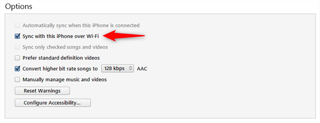 Active la sincronización Wi-Fi entre iPhone y Windows 10
