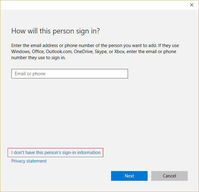 Haga clic en No tengo la información de inicio de sesión de esta persona |  Arreglar Necesitará una nueva aplicación para abrir esto - ms-windows-store