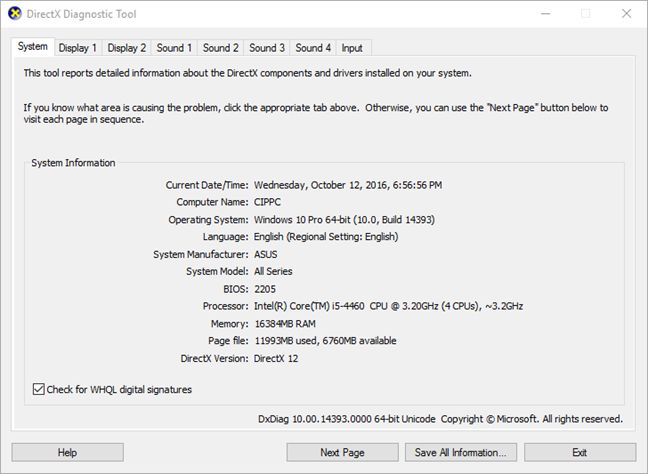 Herramienta de diagnóstico de DirectX, dxdiag, Windows