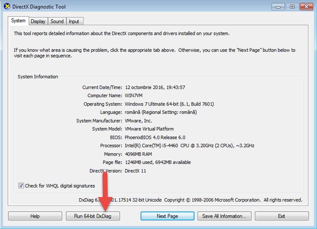 Herramienta de diagnóstico de DirectX, dxdiag, Windows