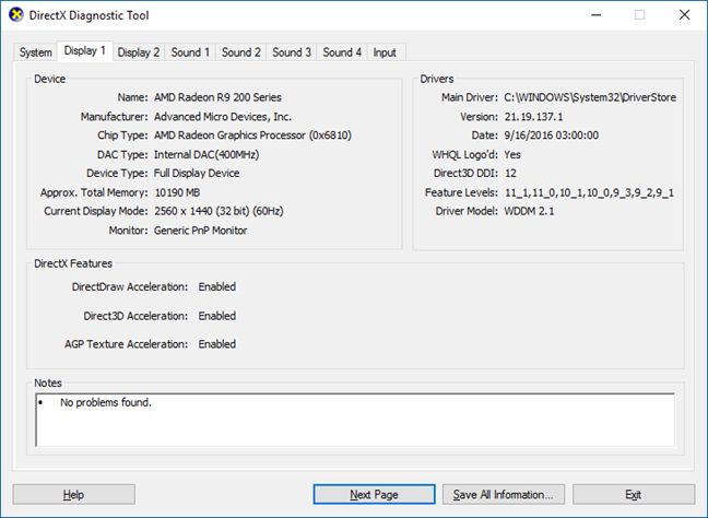Herramienta de diagnóstico de DirectX, dxdiag, Windows