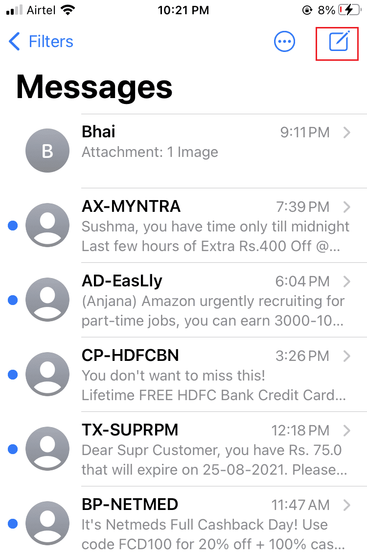Toque el ícono Redactar ubicado en la esquina superior derecha de la pantalla |  Cómo enviar un mensaje de texto grupal en iPhone