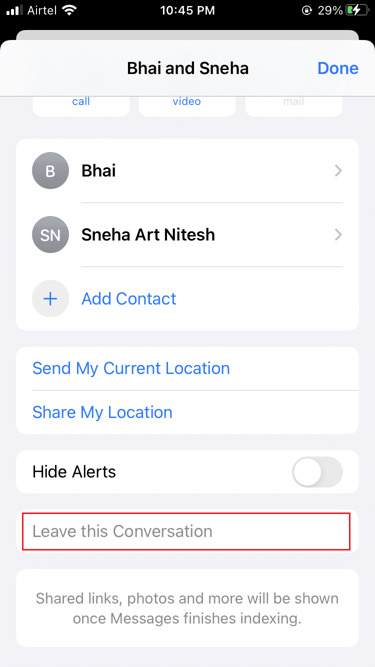 Toque la opción Dejar esta conversación ubicada en la parte inferior de la pantalla