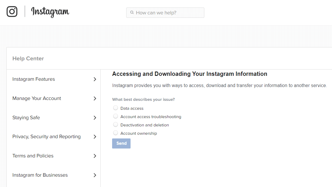 Página de soporte de Instagram | 
