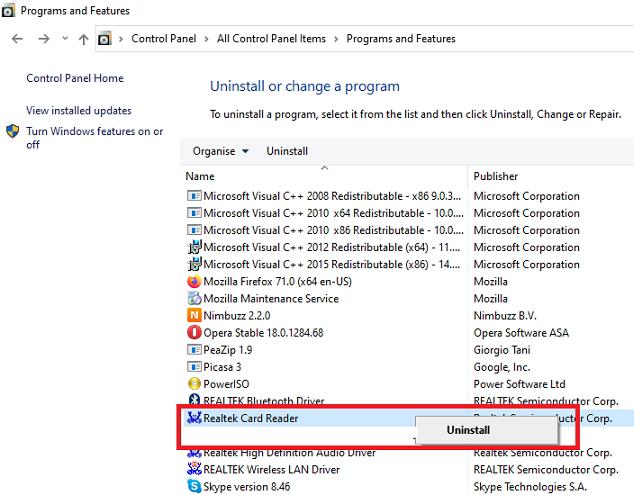 Seleccione Lector de tarjetas Realtek en el Panel de control y haga clic derecho para desinstalar