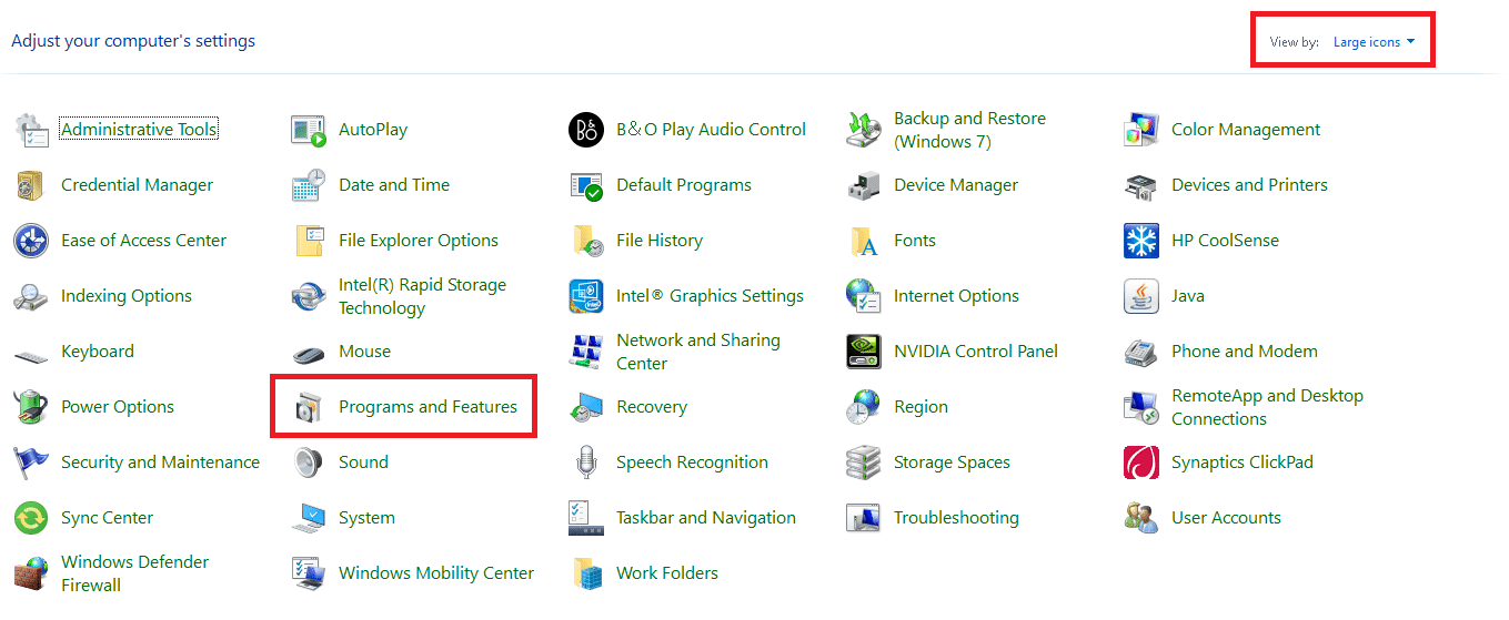 Seleccione Ver por: como iconos grandes y haga clic en Programas y características