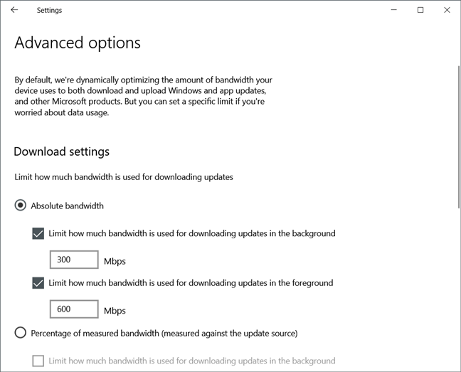 Windows Update tiene límites de ancho de banda ajustables