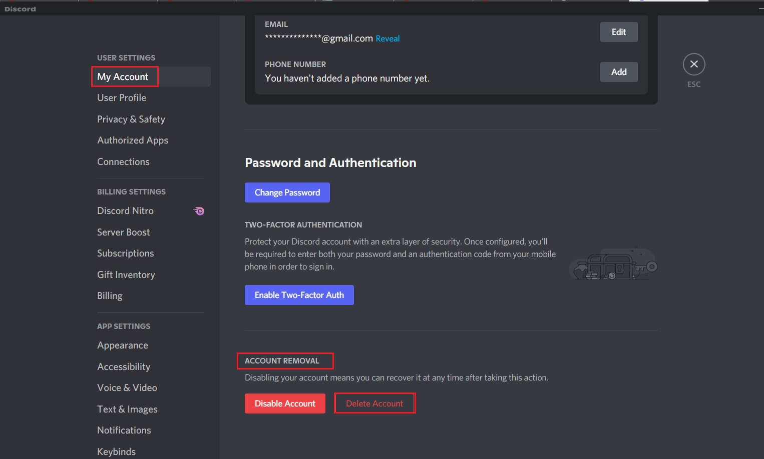 haga clic en eliminar cuenta en el menú Mi cuenta en la aplicación o programa Discord