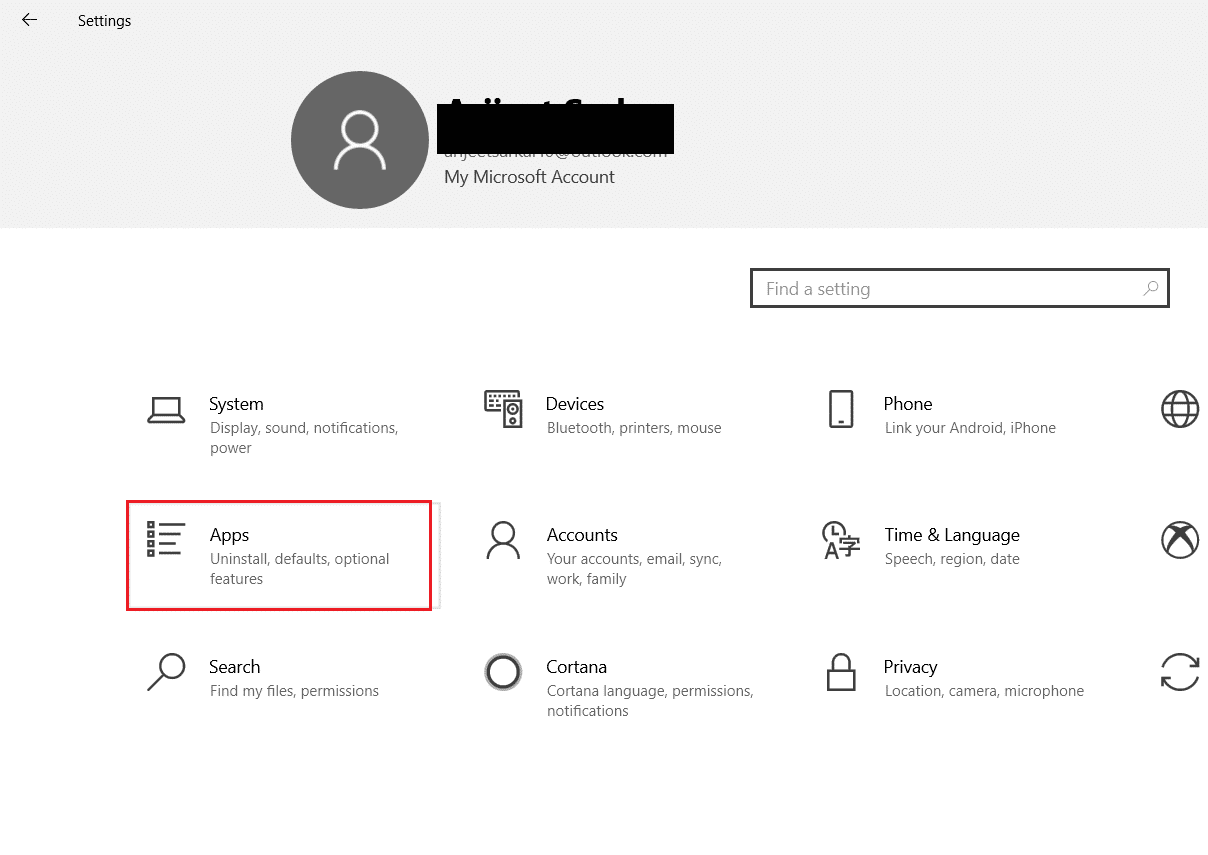 haga clic en Aplicaciones en la configuración de Windows