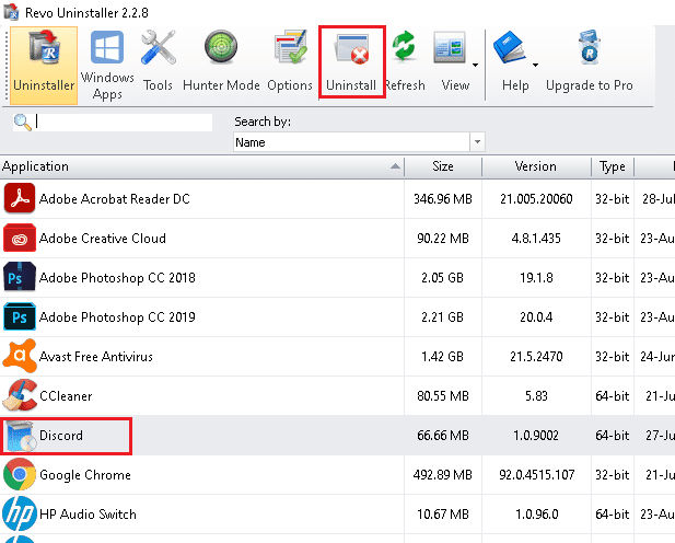 seleccione Discord y haga clic en Desinstalar en el desinstalador de revo