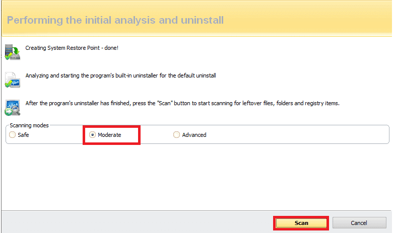 haga clic en Moderar y haga clic en Escanear en Realizar el análisis inicial y desinstalar ventanas en Revo Uninstaller