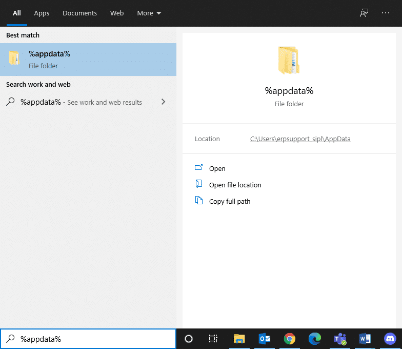 Haga clic en el cuadro de búsqueda de Windows y escriba appdata