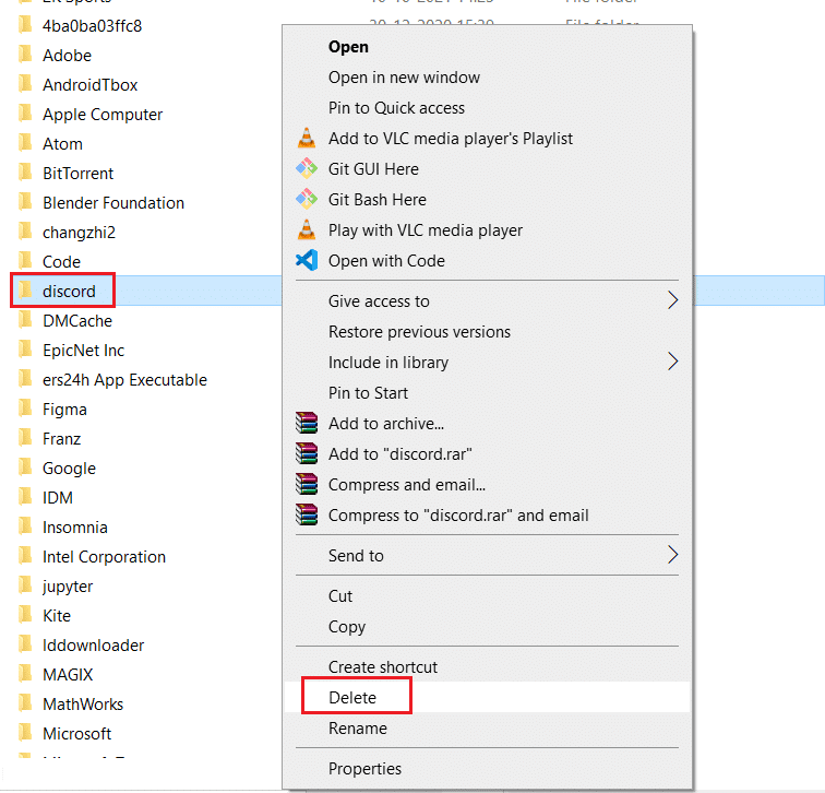 seleccione la carpeta discord y haga clic con el botón derecho y haga clic en eliminar, datos de aplicación, roaming, local