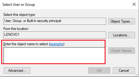 Ingrese el nombre de usuario de su computadora con Windows, donde dice 'Ingrese el nombre del objeto para seleccionar'.