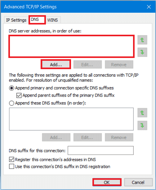 Cambie a la pestaña DNS y escriba la dirección IP de su controlador de dominio en el cuadro de dirección del servidor
