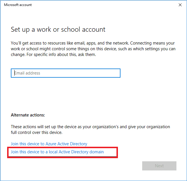 Se abrirá una ventana de configuración, haga clic en 'Unir este dispositivo a un dominio local de Active Directory' en la parte inferior.