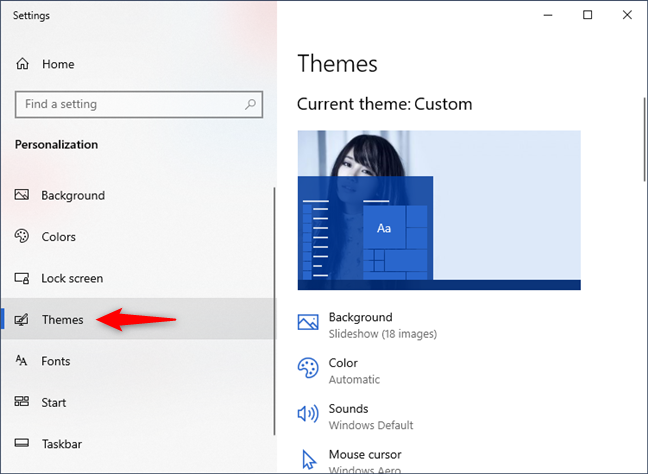 La configuración de Temas de Windows 10
