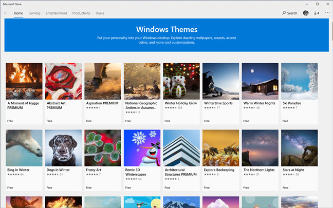 La sección Temas de Windows de Microsoft Store