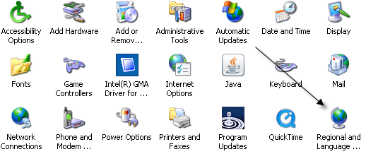 panel de control en idioma regional