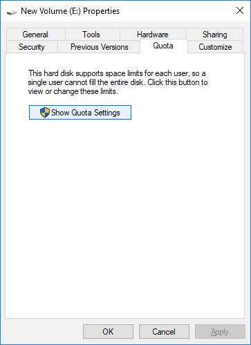 Cambie a la pestaña Cuota y luego haga clic en Mostrar configuración de cuota
